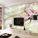 Papel de parede Pintura de um ramo com flores cor-de-rosa