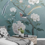 Papel de parede Pintura de pássaros num ramo com flores