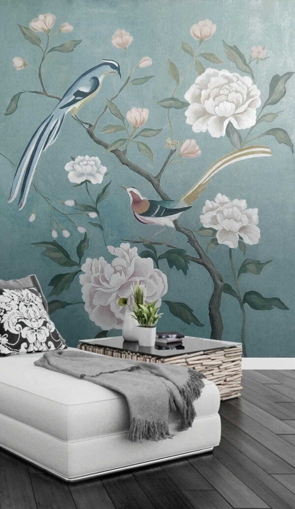 Pintura de pássaros num ramo com flores Papel de parede Pintura de pássaros num ramo com flores