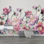 Papel de parede Pintura a aguarela de flores e uma borboleta