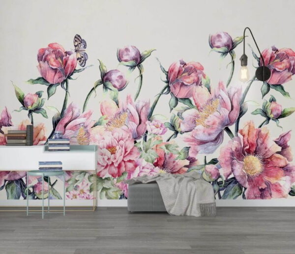 Pintura a aguarela de flores e uma borboleta Papel de parede Pintura a aguarela de flores e uma borboleta