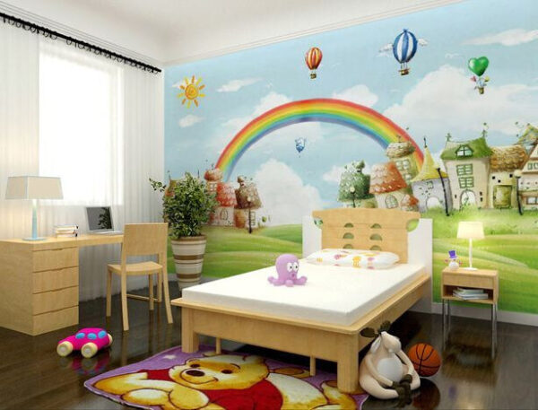 Paisagem de banda desenhada com um arco-íris e casas Papel de parede Paisagem de banda desenhada com um arco-íris e casas