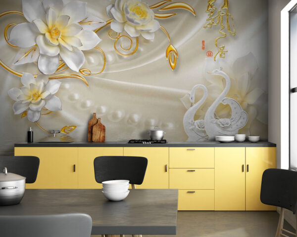 Papel de parede com cisnes e flores Papel de parede Papel de parede com cisnes e flores