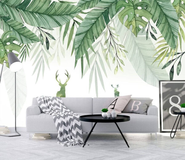 Pintura a aguarela de um veado e folhas Papel de parede Pintura a aguarela de um veado e folhas