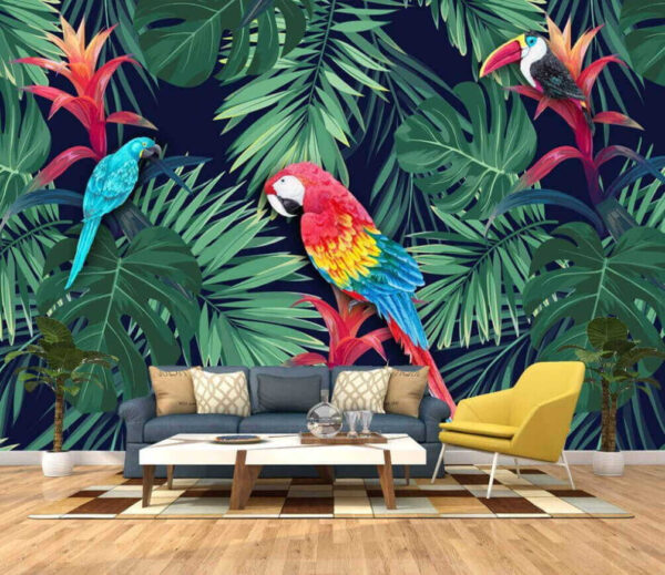Papagaios coloridos e folhas Papel de parede Papagaios coloridos e folhas