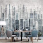 Papel de parede Paisagem urbana futurista com arranha-céus em ascensão.