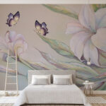 Papel de parede Pintura de flores e borboletas