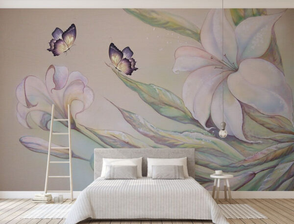 Pintura de flores e borboletas Papel de parede Pintura de flores e borboletas