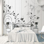 Papel de parede Parede branca com flores pretas e brancas