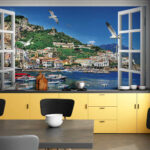 Papel de parede Janela com vista para uma cidade e barcos