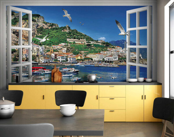 Janela com vista para uma cidade e barcos Papel de parede Janela com vista para uma cidade e barcos
