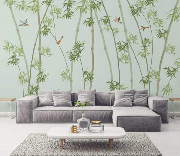 Papel de parede com ramos de bambu e pássaros Papel de parede Papel de parede com ramos de bambu e pássaros