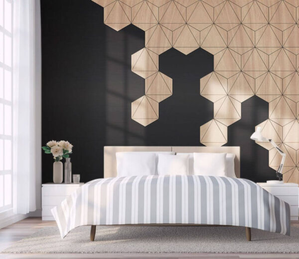 Madeira e fundo preto com hexágonos Papel de parede Madeira e fundo preto com hexágonos