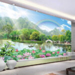Papel de parede Paisagem serena com flores de lótus.