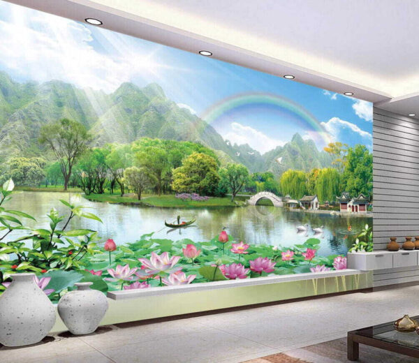 Paisagem serena com flores de lótus Papel de parede Paisagem serena com flores de lótus