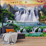 Papel de parede Wall murals Waterfall with birds and flowers