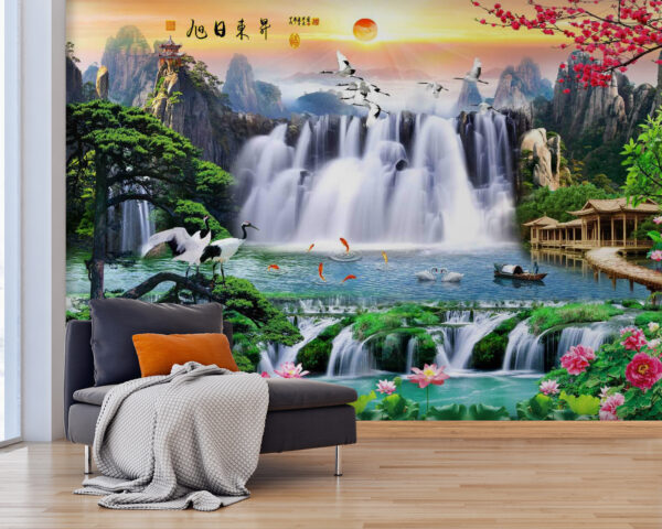 Papel de parede Wall murals Waterfall with birds and flowers (REF: u23287) Papel de parede Papel de parede Wall murals Waterfall with birds and flowers (REF: u23287)