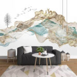 Papel de parede Pintura de uma montanha com pássaros a voar à volta