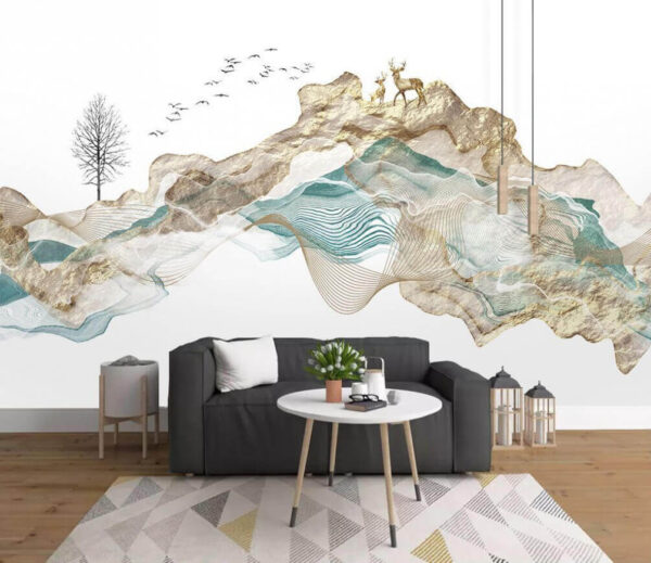 Pintura de uma montanha com pássaros a voar à volta Papel de parede Pintura de uma montanha com pássaros a voar à volta