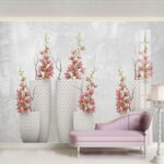 Papel de parede Grupo de vasos brancos com flores cor-de-rosa