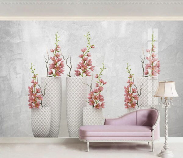 Grupo de vasos brancos com flores cor-de-rosa Papel de parede Grupo de vasos brancos com flores cor-de-rosa
