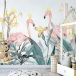 Papel de parede Grupo de flamingos com coroas e flores