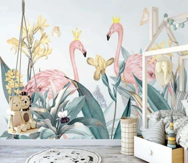 Grupo de flamingos com coroas e flores Papel de parede Grupo de flamingos com coroas e flores