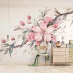 Papel de parede Pintura de flores cor-de-rosa num ramo