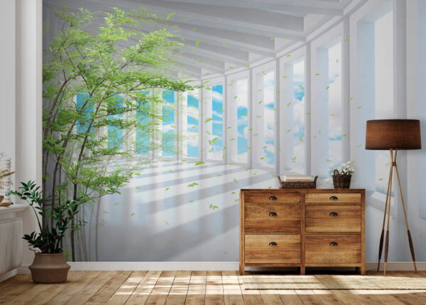 Corredor iluminado pelo sol com folhas vibrantes Papel de parede Corredor iluminado pelo sol com folhas vibrantes