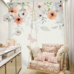 Papel de parede Fundo branco com flores e borboletas