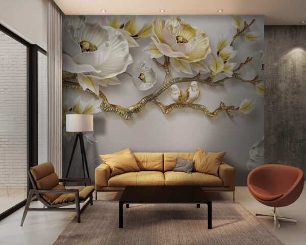 Papel de parede com flores e pássaros Papel de parede Papel de parede com flores e pássaros