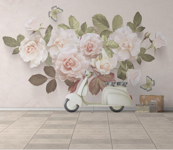 Rosas delicadas com borboletas a dançar Papel de parede Rosas delicadas com borboletas a dançar