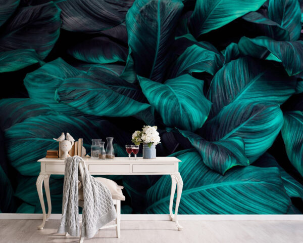 Folhas exuberantes em tons de turquesa profundo Papel de parede Folhas exuberantes em tons de turquesa profundo