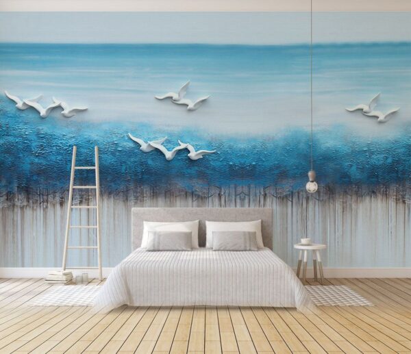 Pintura de pássaros a voar sobre um oceano azul Papel de parede Pintura de pássaros a voar sobre um oceano azul