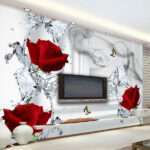 Papel de parede Rosas vermelhas a flutuar com borboletas.