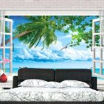 Papel de parede Janela com vista para a praia e para os pássaros