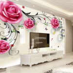 Papel de parede Cisnes sob rosas cor-de-rosa em flor.