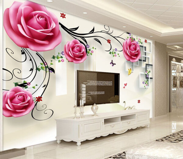 Papel de parede Papel de parede Cisnes sob rosas cor-de-rosa em flor. (REF: u41708)