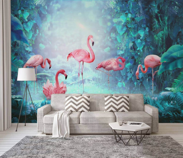 Grupo de flamingos cor-de-rosa numa floresta Papel de parede Grupo de flamingos cor-de-rosa numa floresta