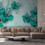 Papel de parede Flores de cor turquesa com detalhes brilhantes.