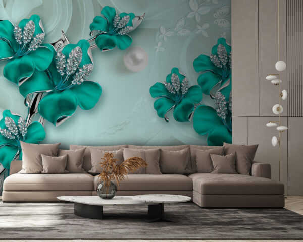 Flores de cor turquesa com detalhes brilhantes Papel de parede Flores de cor turquesa com detalhes brilhantes