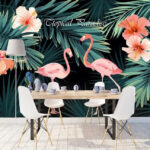Papel de parede Um par de flamingos cor-de-rosa e flores