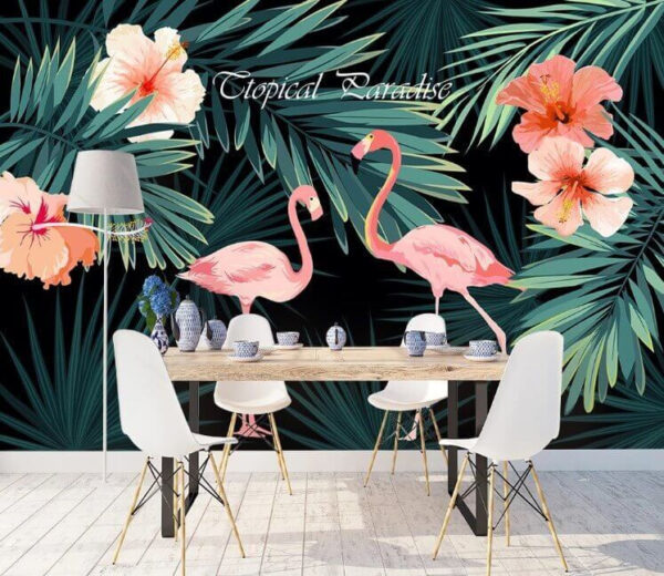 Papel de parede Um par de flamingos cor-de-rosa e flores (REF: u45049) Papel de parede Papel de parede Um par de flamingos cor-de-rosa e flores (REF: u45049)