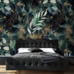 Papel de parede Padrão floral abstrato azul-petróleo e metálico.