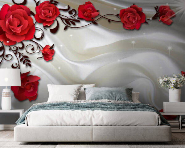 Rosas vermelhas num tecido branco sedoso Papel de parede Rosas vermelhas num tecido branco sedoso