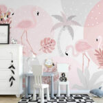 Papel de parede Flamingos cor-de-rosa entre folhagem tropical.