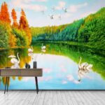 Papel de parede Pintura de cisnes num lago