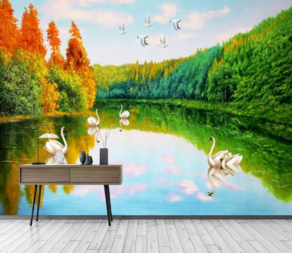 Papel de parede Papel de parede Pintura de cisnes num lago (REF: u45771)