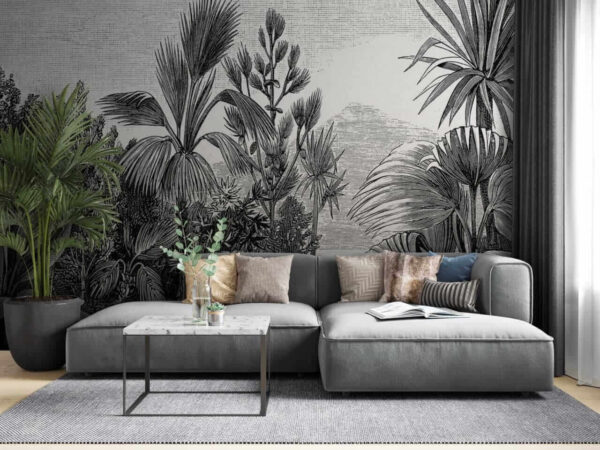 Desenho a preto e branco de uma floresta tropical Papel de parede Desenho a preto e branco de uma floresta tropical
