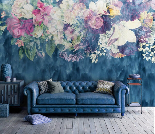 Tapeçaria floral sobre ondas azuis Papel de parede Tapeçaria floral sobre ondas azuis
